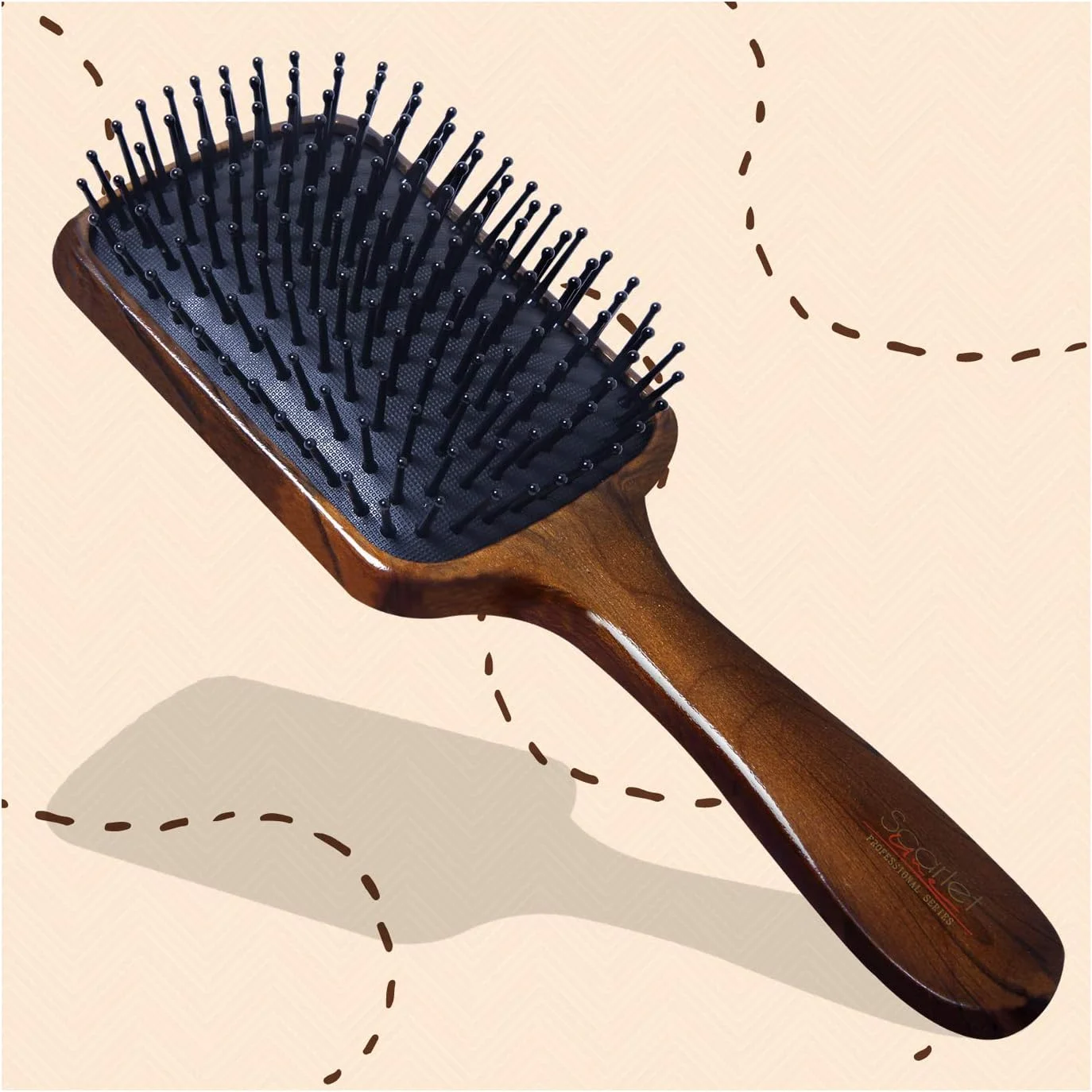 برس مو پارویی بزرگ چوبی ضد الکتریسیته ساکن Scarlet Line Professional با دسته چوبی منحنی برای آقایان و بانوان، رنگ قهوه ای