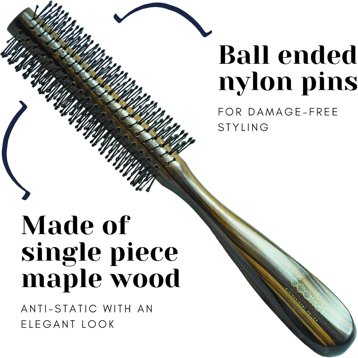 برس مو گرد چوبی ضد الکتریسیته ساکن Scarlet Line Professional با دسته چوبی منحنی برای آقایان و بانوان، رنگ قهوه ای