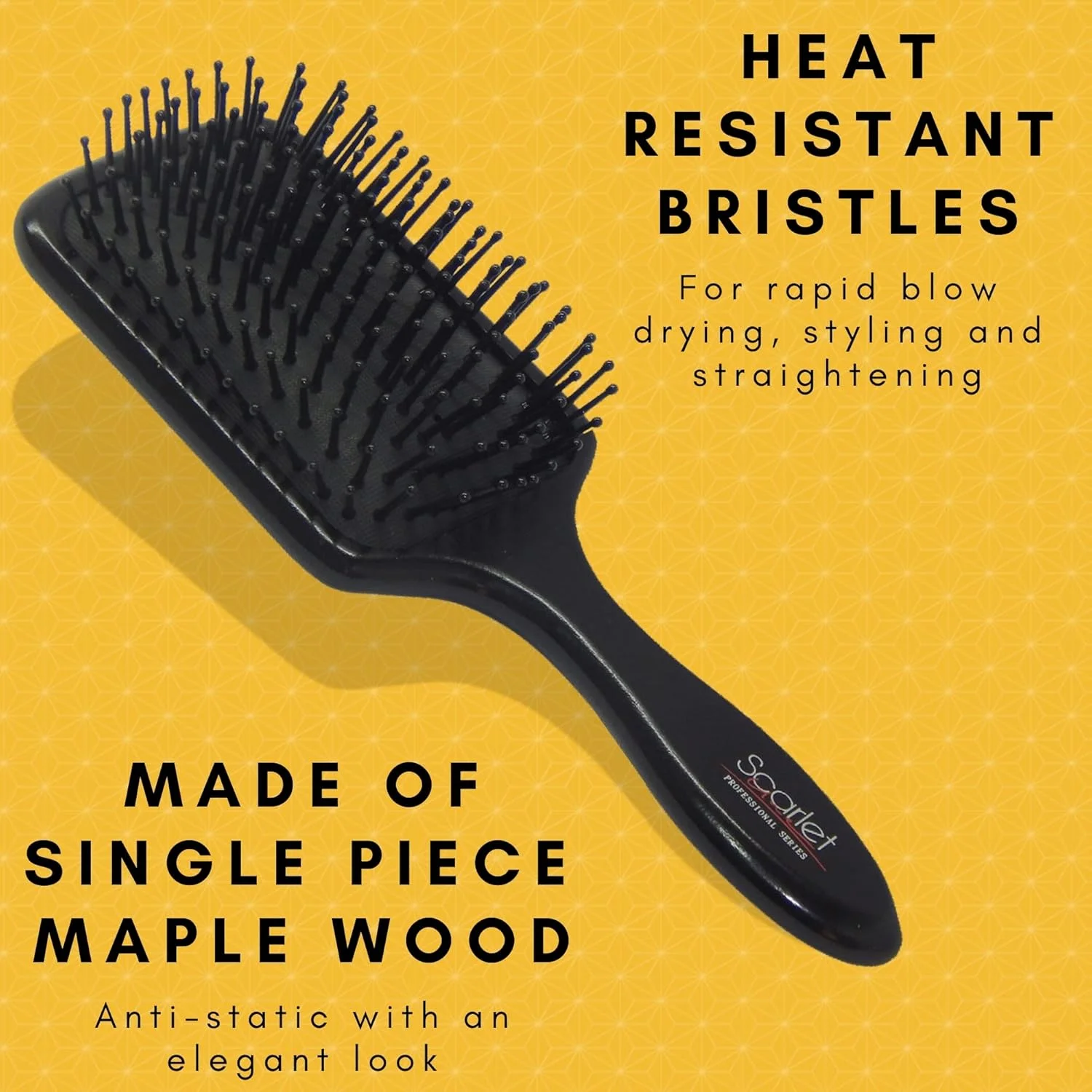 برس مو پارویی بزرگ حرفه ای Scarlet Line با موهای مقاوم در برابر حرارت و دسته چوبی ضد الکتریسیته ساکن برای آقایان و بانوان، رنگ مشکی، سایز کامل