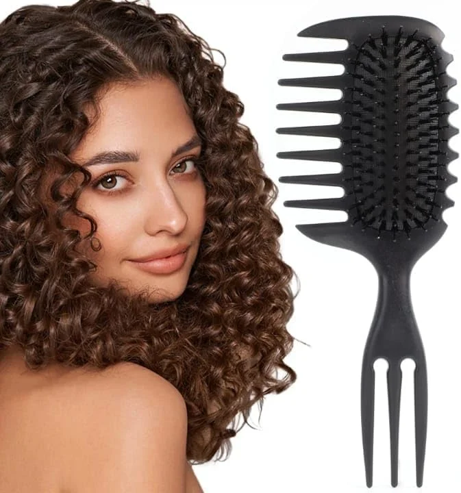 برس حالت دهنده موی فر Purfex به همراه شانه - برس باز کننده گره و حالت دهنده با دسته بخش بندی ضد لغزش، موهای نایلونی انعطاف پذیر برای موهای فر، موج دار، مجعد - استفاده مرطوب یا خشک - مشکی