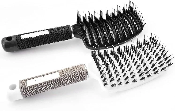 برس مو Purfex، بسته 2 عددی برس مو با موهای نایلونی، ابزارهای حرفه ای حالت دهی موی خمیده و دارای تهویه، برس های ماساژ باز کننده گره مو برای موهای فر، نازک، ضخیم و خیس (سفید، مشکی)