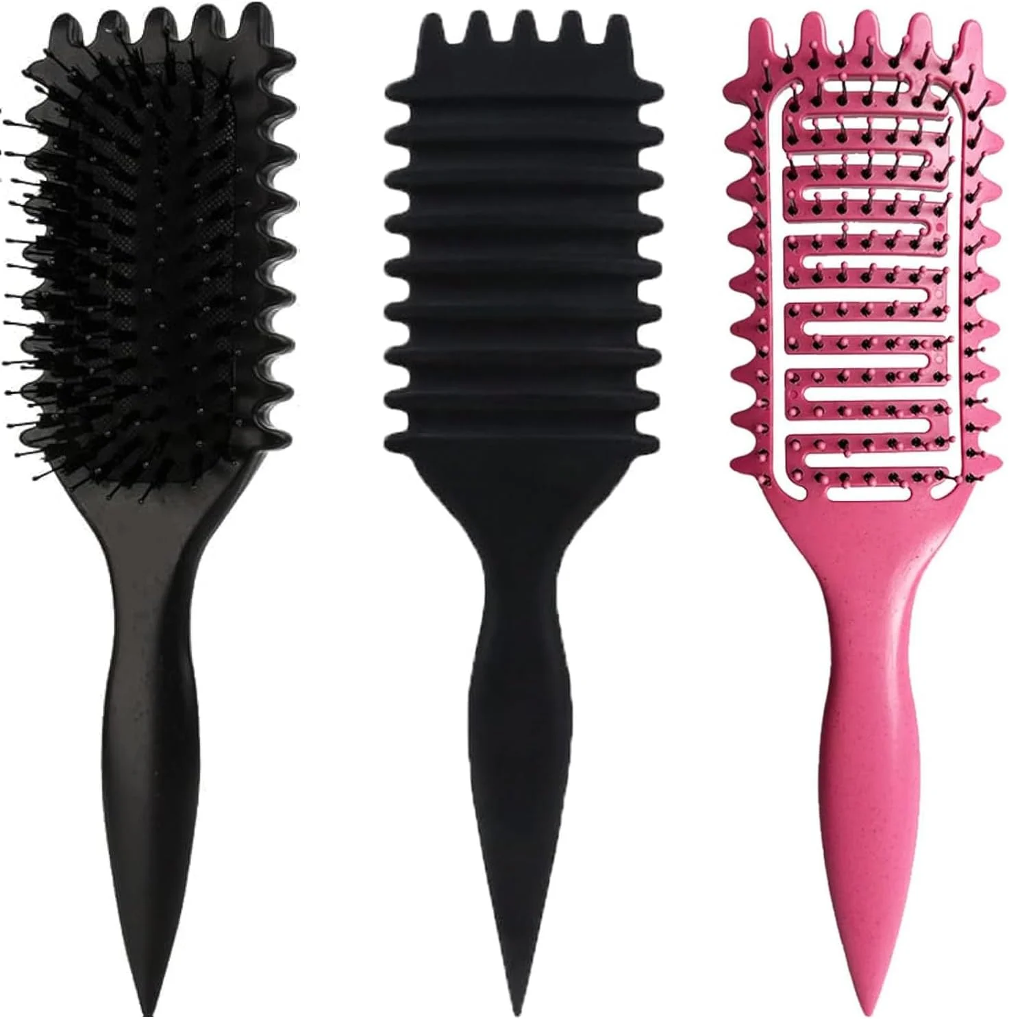 برس حالت دهنده مو فرفری Purfex Bounce، برس های حالت دهنده مو - بسته 2 عددی برس باز کننده گره ممتاز برای موهای فر، ایده آل برای شانه کردن، حالت دادن و مشخص کردن فرها برای زنان و مردان (مشکی و صورتی)