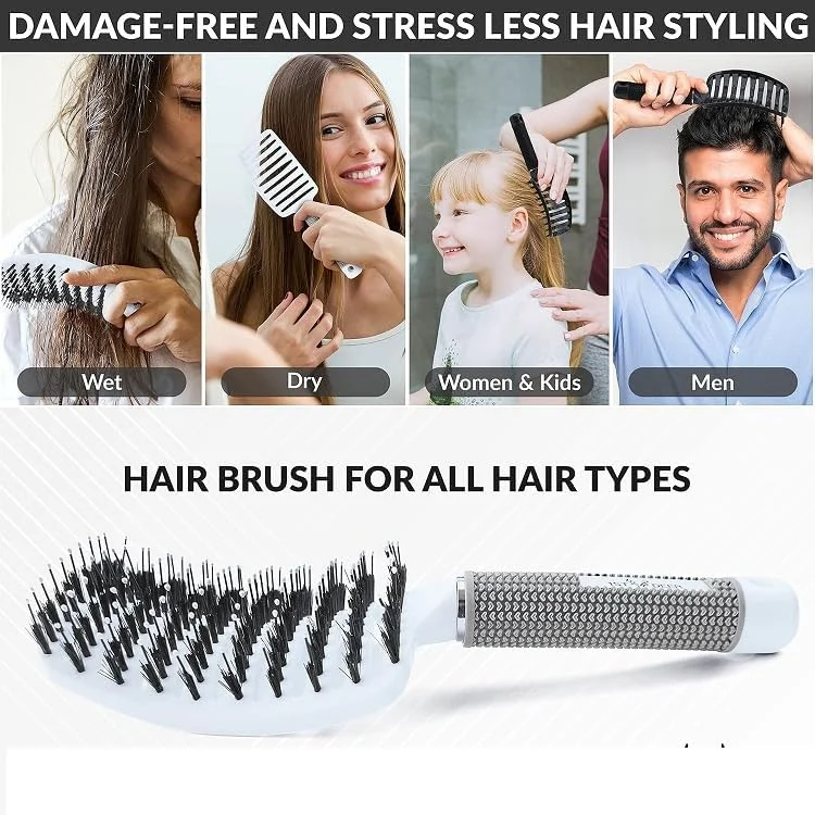 برس مو Purfex، بسته 2 عددی برس مو با موهای نایلونی، ابزارهای حرفه ای حالت دهی موی خمیده و دارای تهویه، برس های ماساژ باز کننده گره مو برای موهای فر، نازک، ضخیم و خیس (سفید، مشکی)