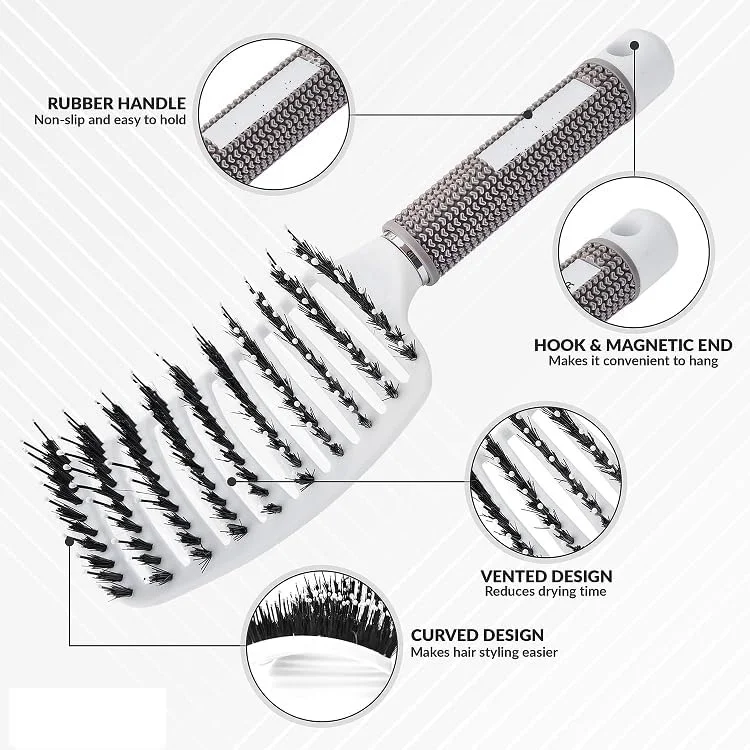 برس مو Purfex، بسته 2 عددی برس مو با موهای نایلونی، ابزارهای حرفه ای حالت دهی موی خمیده و دارای تهویه، برس های ماساژ باز کننده گره مو برای موهای فر، نازک، ضخیم و خیس (سفید، مشکی)