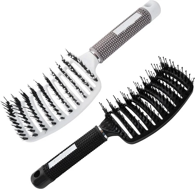 برس مو Purfex، بسته 2 عددی برس مو با موهای نایلونی، ابزارهای حرفه ای حالت دهی موی خمیده و دارای تهویه، برس های ماساژ باز کننده گره مو برای موهای فر، نازک، ضخیم و خیس (سفید، مشکی)