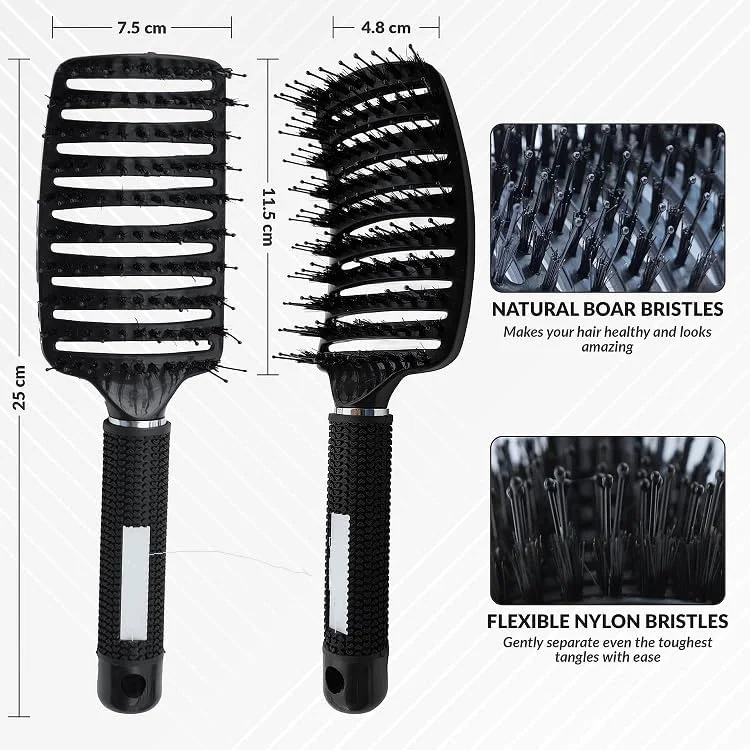 برس مو Purfex، بسته 2 عددی برس مو با موهای نایلونی، ابزارهای حرفه ای حالت دهی موی خمیده و دارای تهویه، برس های ماساژ باز کننده گره مو برای موهای فر، نازک، ضخیم و خیس (سفید، مشکی)