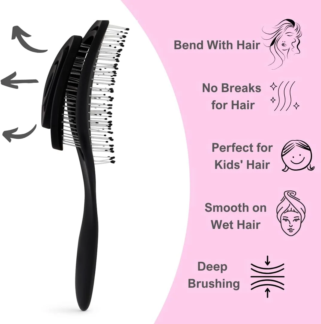 برس صاف کننده مو فرفری مام فکتوری® – گیره مو – برس حالت دهنده - برس باز کننده گره مو برای زنان، دختران، کودکان و مردان (مشکی)