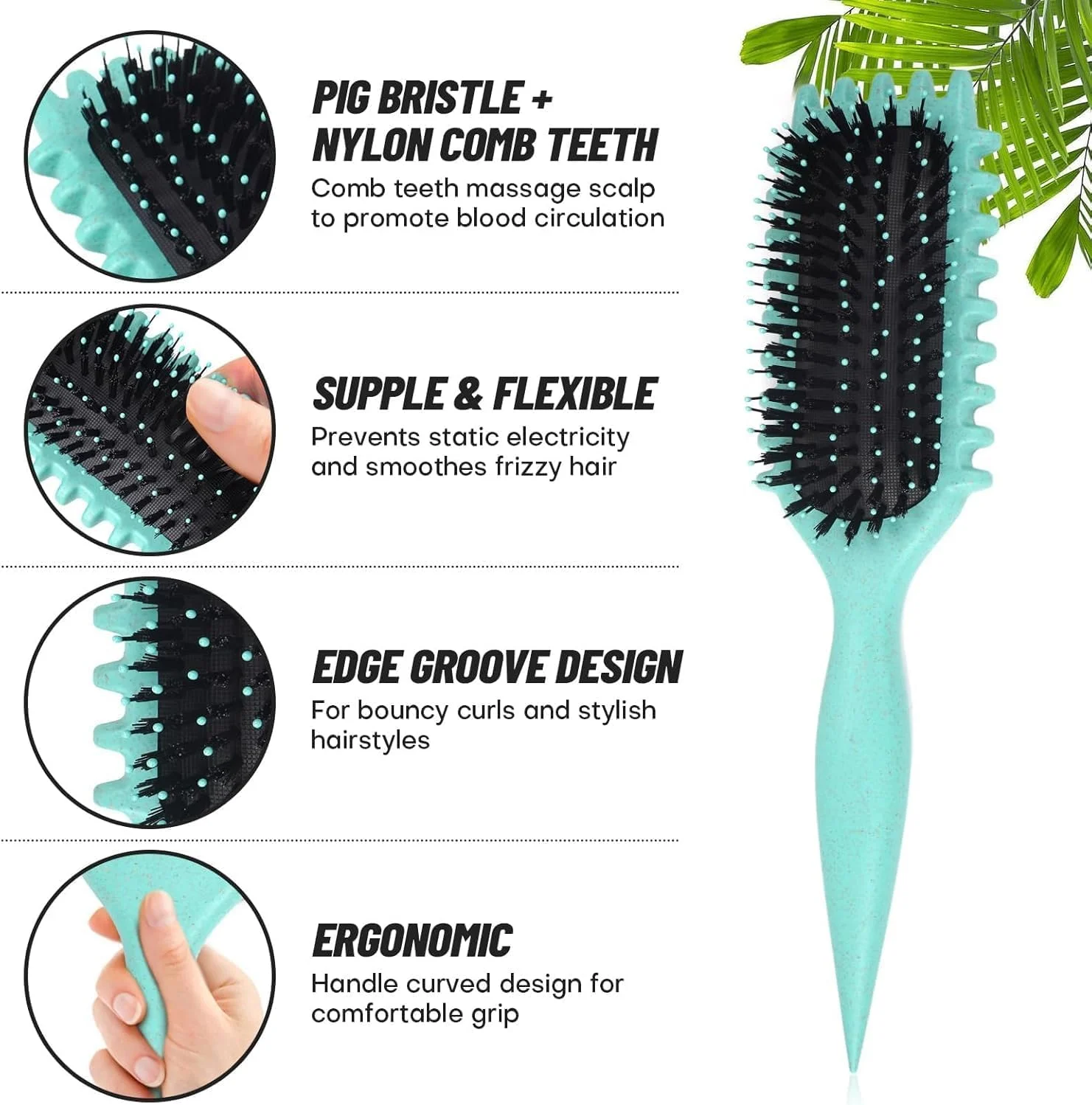 برس حالت دهنده مو فرفری MOMENT، برس حالت دهنده مو با موهای گراز فلش برای موهای فر، حالت دهی و مشخص کردن فرها برای زنان، سبز