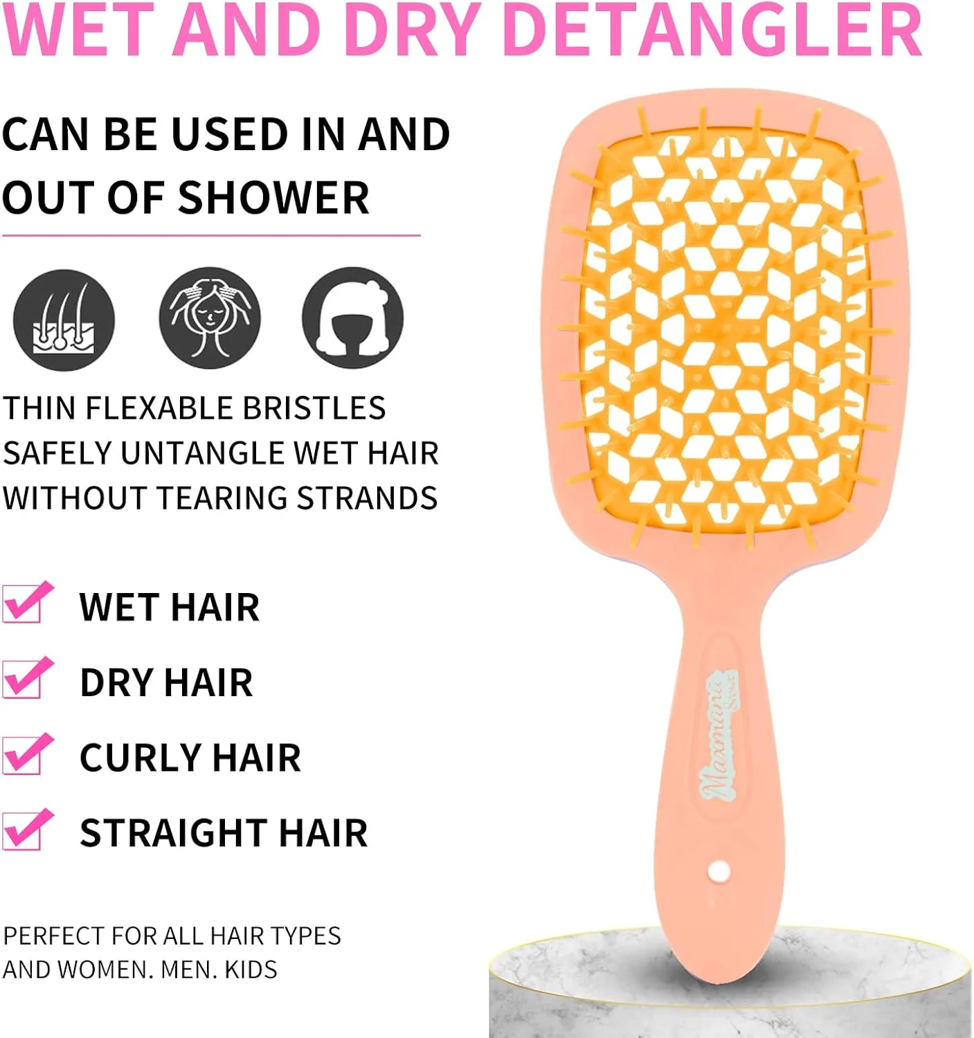 برس موی گره باز کن مکس مانا سکرت، برس باز کننده گره مو، شانه فر کننده ماساژ برای زنان، مردان، دختران و کودکان برای موهای طبیعی فر، خیس، خشک، ضخیم، صاف و بلند (نارنجی)