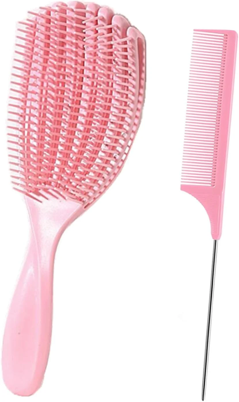 ست 2 عددی شانه دم موشی و برس فر کننده Lilitang برای موهای خیس و خشک، شانه کردن آسان فرها، موهای صاف، کاهش شکستگی، از بین بردن گره ها، شانه کردن بدون درد، برس فر کننده برای مردان و زنان (صورتی)