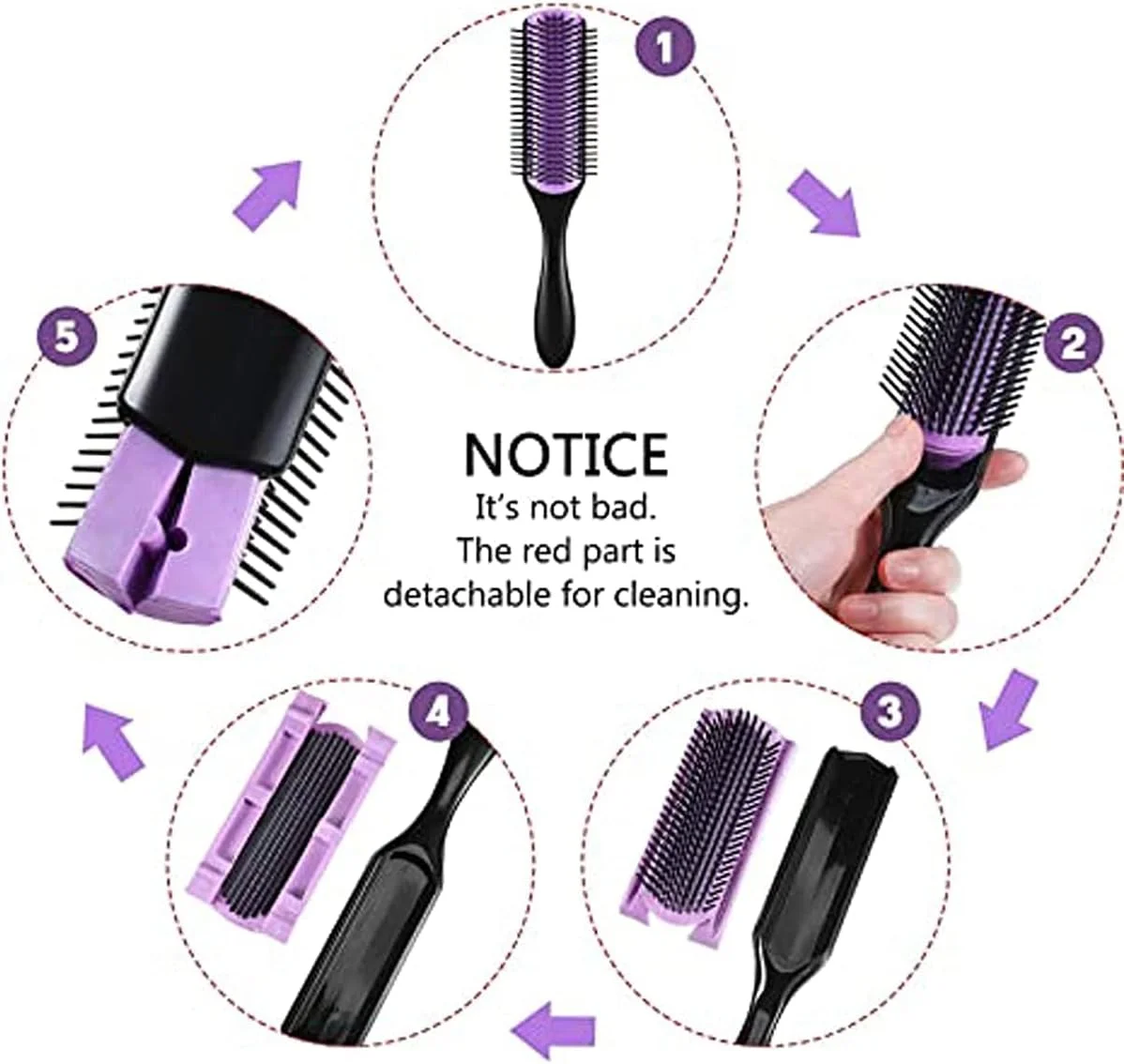 مجموعه برس حالت دهنده نایلونی خزنه 7 تکه، برس باز کننده موی فر 9 ردیفه، برس مسافرتی 5 ردیفه و 5 عدد گیره مو برای جدا کردن، حالت دادن و ثابت کردن مو (بنفش)