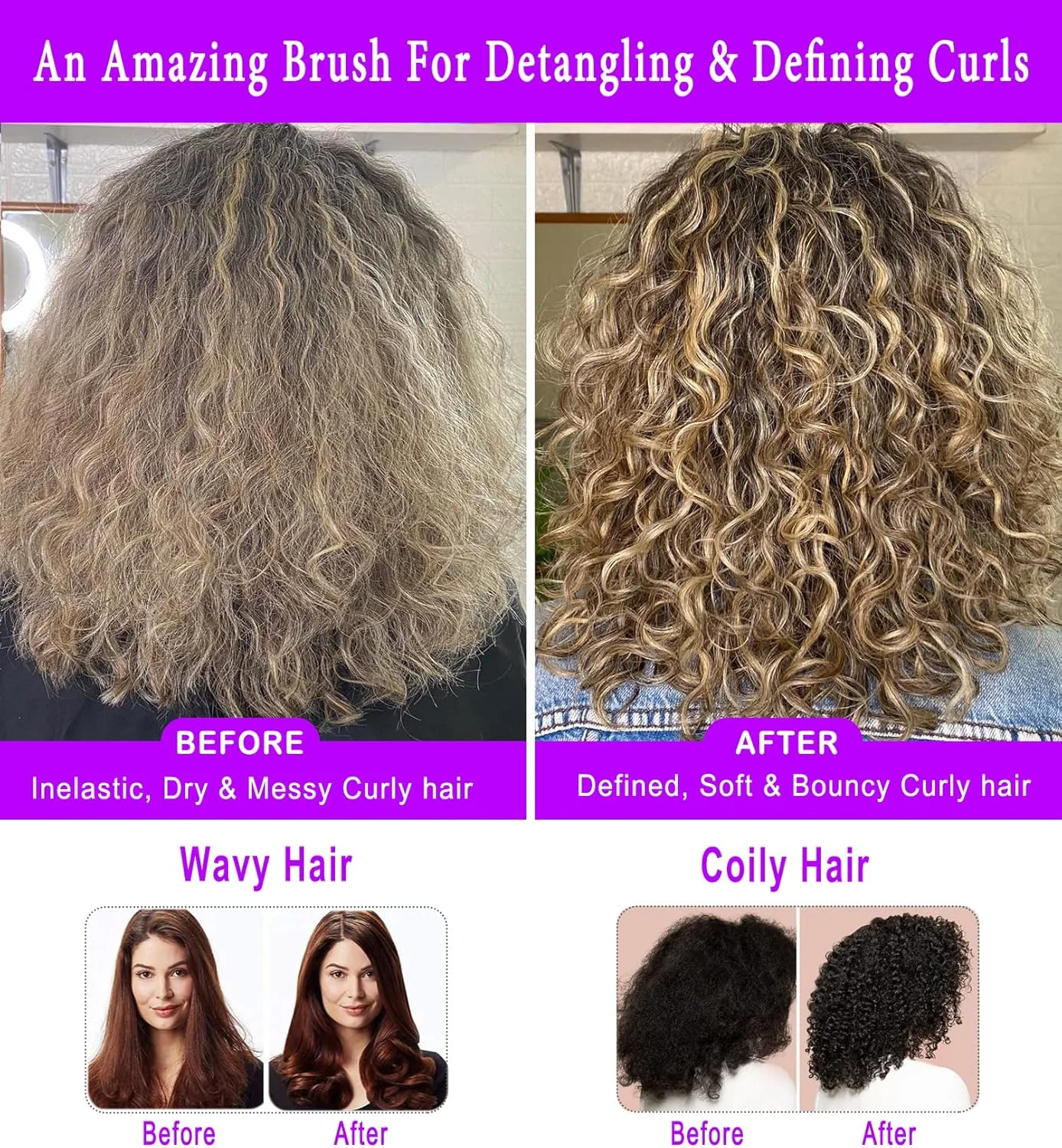 برس حالت دهنده 9 ردیفه KTKUDY برای شکل دادن و مرتب کردن فرها - برس باز کننده گره و خشک کننده مو برای موهای ضخیم، موج دار یا مجعد (بنفش)
