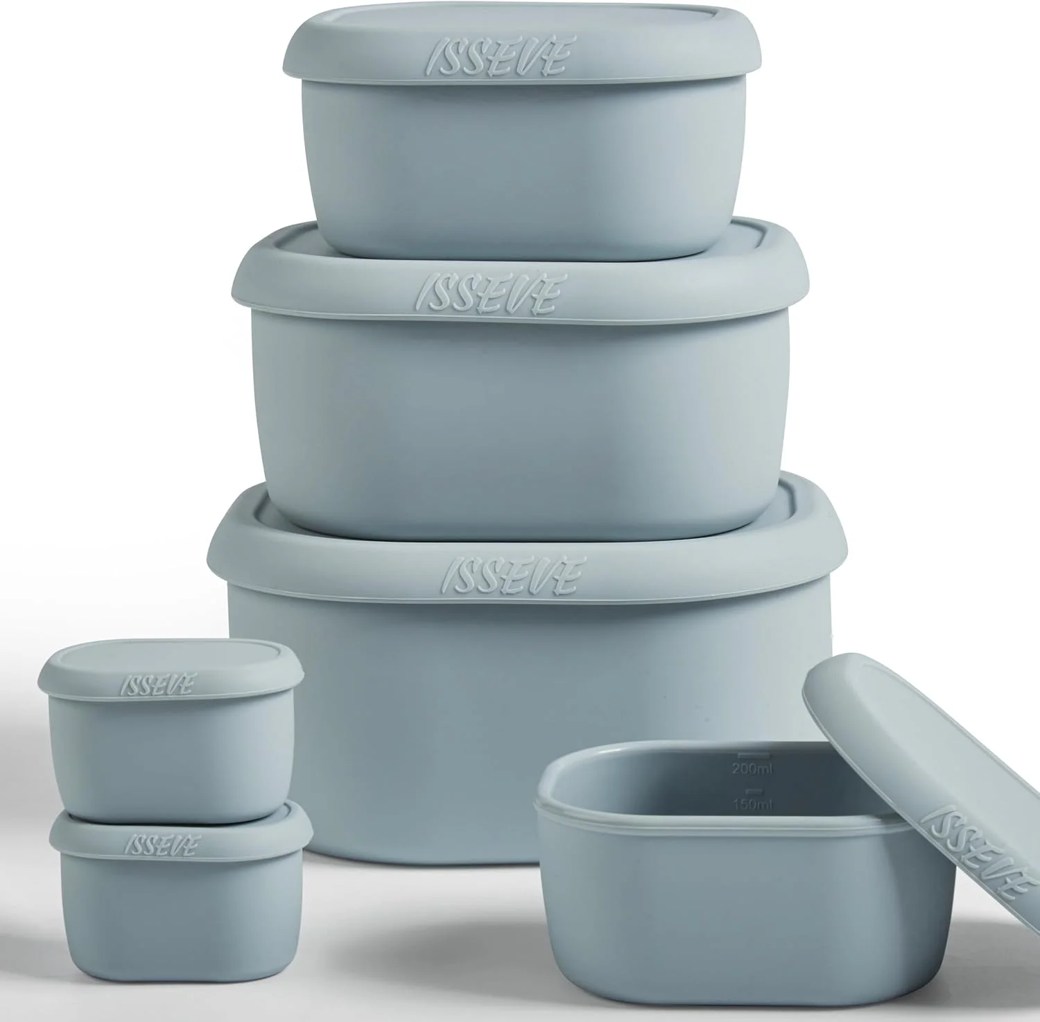 ظروف نگهداری غذای سیلیکونی تودرتو ISSEVE، 6 تکه/ست، با درب، بدون BPA، ظروف سیلیکونی آماده سازی غذا، قابل استفاده مجدد، ضد هوا، قابل استفاده در فریزر و ماشین ظرفشویی (1000ml، 600ml، 300ml، 200ml، 40ml) (خاکستری)