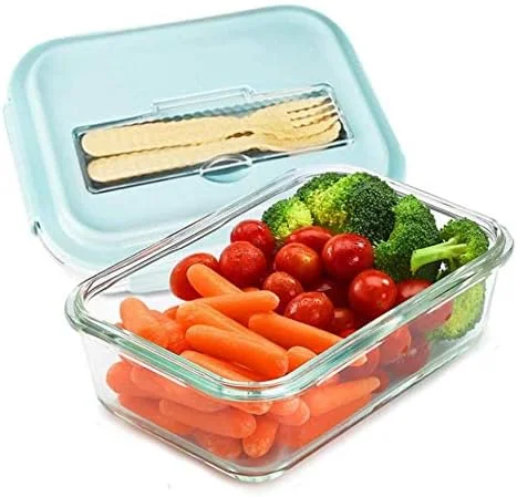 ظرف غذای شیشه ای قابل استفاده در مایکروویو JANNAH با درب محکم و ضد نشت شیشه ضخیم [آبی]