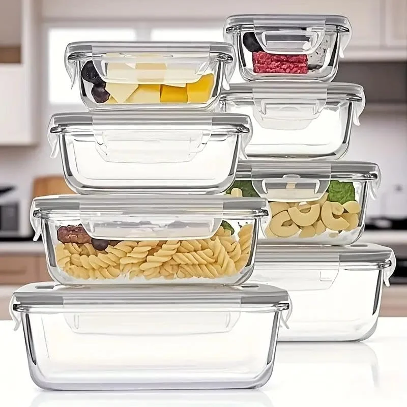ظروف آماده سازی غذا شیشه ای هوژو، بسته 8 عددی با درب های قفل دار ضد نشت - ظروف نگهداری مواد غذایی نفوذ ناپذیر هوا مناسب مایکروویو، فر، فریزر و ماشین ظرفشویی - فاقد BPA و قابل چیدن - درب های خاکستری
