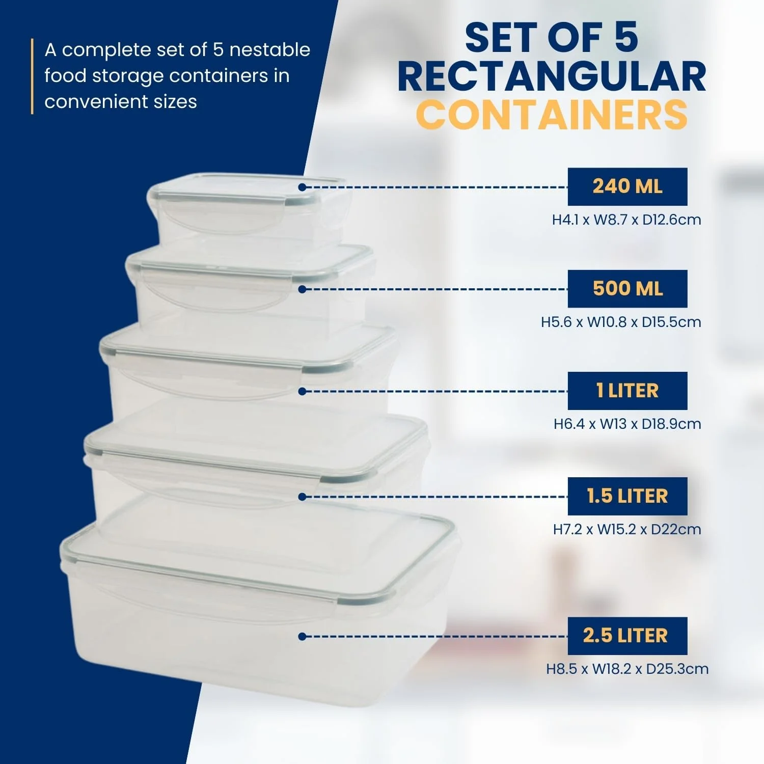 ست 5 تایی ظروف نگهداری غذای پلاستیکی مستطیلی هوم شاپا، جعبه ناهار بزرگ قابل چیدن و تودرتو با درب قفل دار، قابل استفاده مجدد، ضد نشت، فاقد BPA، قابل شستشو در ماشین ظرفشویی، قابل استفاده در فریزر و مایکروویو