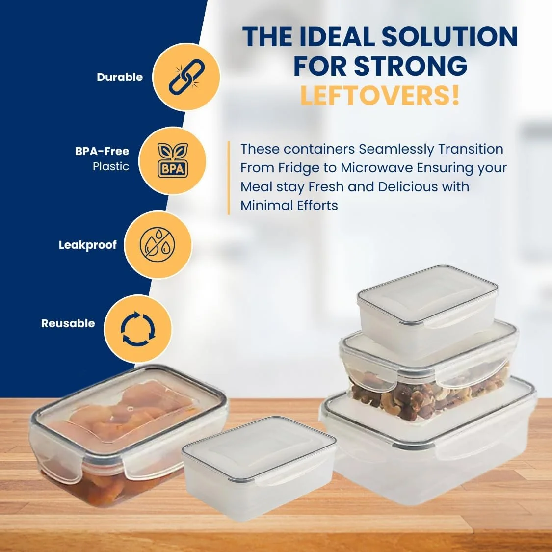 ست 5 تایی ظروف نگهداری غذای پلاستیکی مستطیلی هوم شاپا، جعبه ناهار بزرگ قابل چیدن و تودرتو با درب قفل دار، قابل استفاده مجدد، ضد نشت، فاقد BPA، قابل شستشو در ماشین ظرفشویی، قابل استفاده در فریزر و مایکروویو