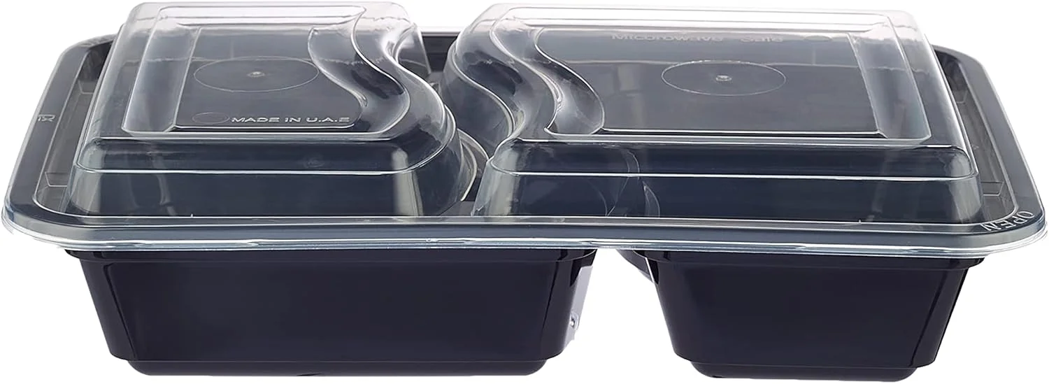 ظروف یکبار مصرف مایکروویو Hotpack، ظرف نگهداری مواد غذایی، ظرف بنتو با پایه مشکی 2 قسمتی برای آماده سازی غذا با درب، 5 عدد