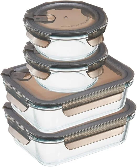 ظروف نگهداری غذا شیشه ای HELO KUKI، بسته 4 عددی، 1.04 لیتر و 620 میلی لیتر، درب های قفل دار و ضد هوا، قهوه ای تیره