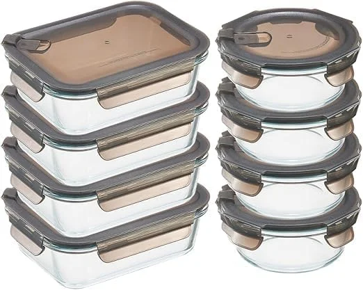 ظروف نگهداری مواد غذایی شیشه ای هلو کوکی، مجموعه 8 عددی با درب قهوه ای تیره، 4 عدد 1.04 لیتری و 4 عدد 620 میلی لیتری، مناسب برای مایکروویو و فر