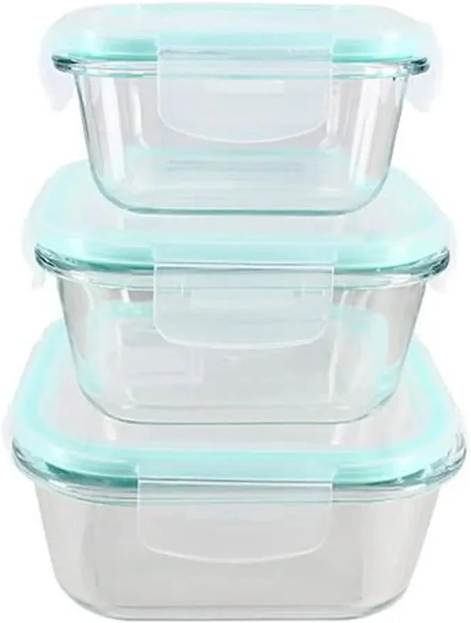 ست ظروف نگهداری غذا شیشه ای HOCHSTE با درب پلاستیکی (ست 3 عددی) - جعبه های آماده سازی غذای سالم با درب های ضد هوا، قابل شستشو در ماشین ظرفشویی، قابل استفاده در فر، مایکروویو و فریزر، رنگ فیروزه ای - مربع