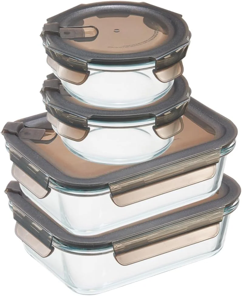 ظروف نگهداری غذا شیشه ای HELO KUKI، بسته 4 عددی، 1.04 لیتر و 620 میلی لیتر، درب های قفل دار ضد نشت، قابل استفاده در مایکروویو و ماشین ظرفشویی، قهوه ای تیره