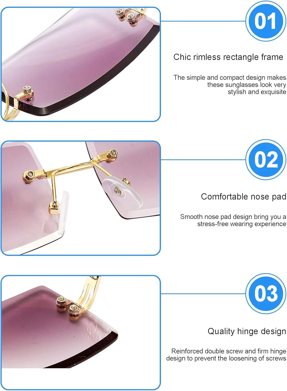 3 جفت عینک آفتابی مستطیلی بدون فریم، عینک های Y2K شفاف و قدیمی برای زنان و مردان 3 جفت عینک آفتابی مستطیلی بدون فریم، عینک های Y2K شفاف و قدیمی برای زنان و مردان