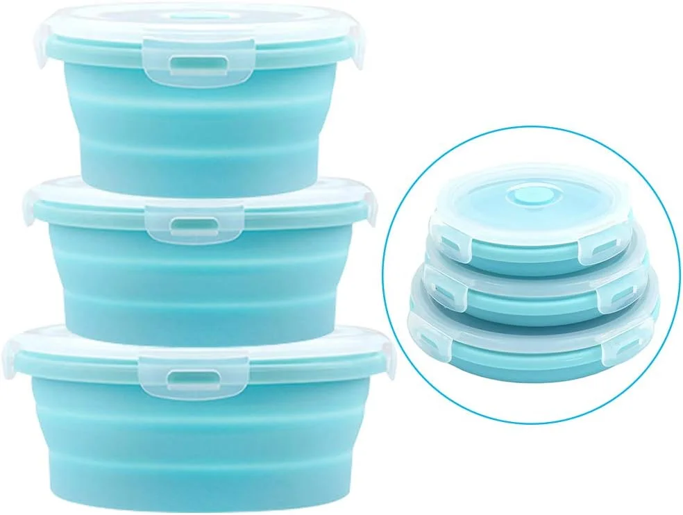 ظروف تاشو GLE2016، ظروف نگهداری مواد غذایی تاشو سیلیکونی با درب برای کمپینگ، ظروف ناهار خوری گرد سیلیکونی، قابل استفاده در مایکروویو، ماشین ظرفشویی و فریزر (3 عدد، آبی)