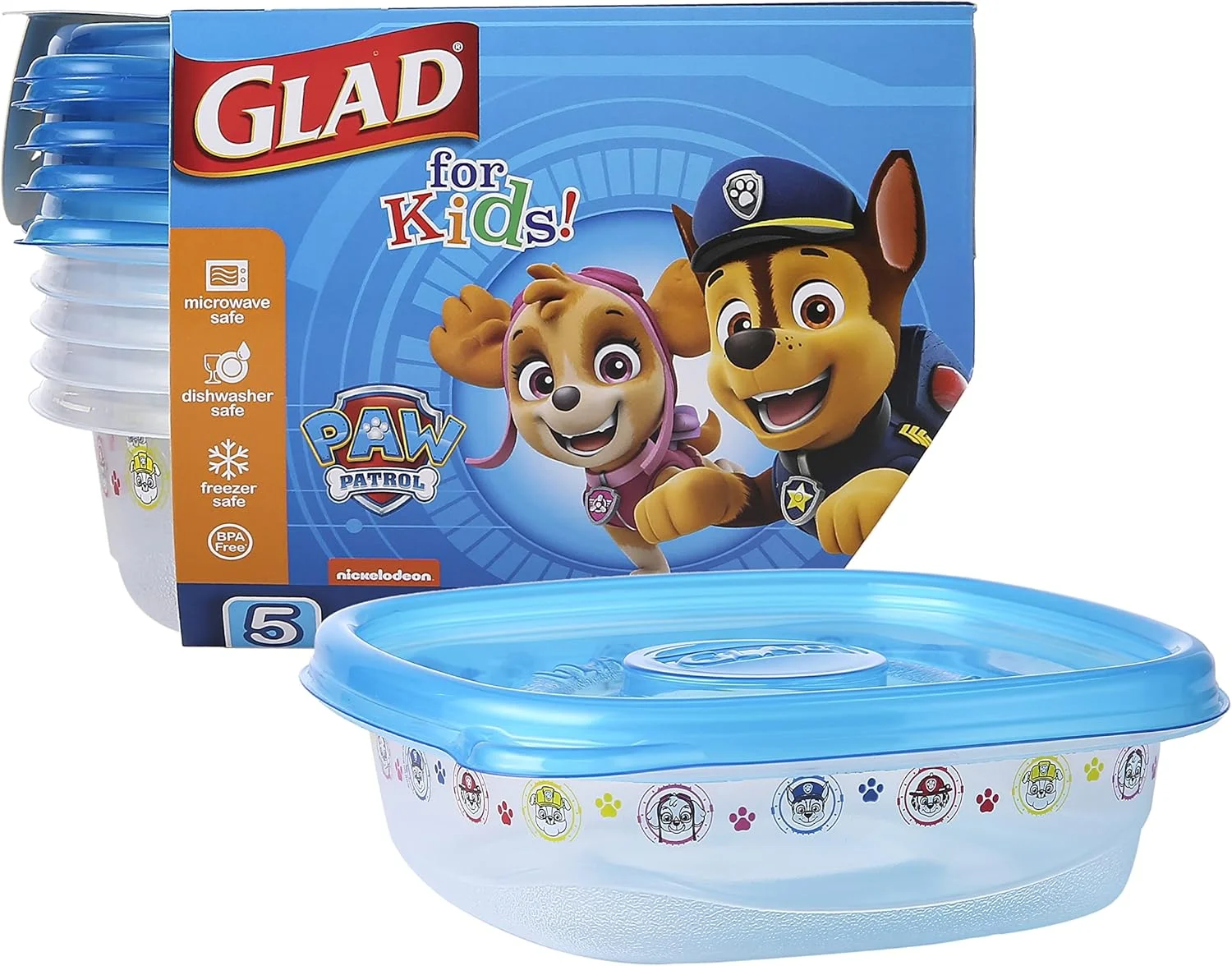 ظروف نگهداری غذای مربعی متوسط GladWare طرح سگ های نگهبان برای کودکان به همراه درب | ظروف غذای کودک 740 میلی لیتری با طرح سگ های نگهبان، مجموعه 5 عددی | ظروف نگهداری مواد غذایی با درب محکم