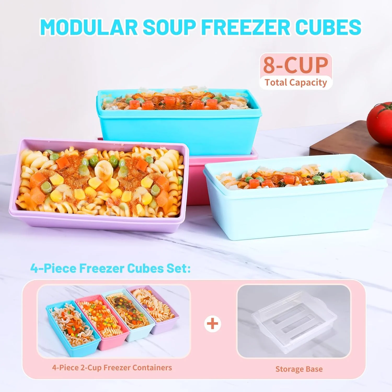 قالب های سیلیکونی فریزر بدون BPA Gemice با پایه، بسته 4 عددی قالب های جداگانه 2 پیمانه سوپ با درب برای نگهداری مواد غذایی، قابل استفاده در فر و ماشین ظرفشویی، ظروف سیلیکونی فریزر برای آماده سازی غذا