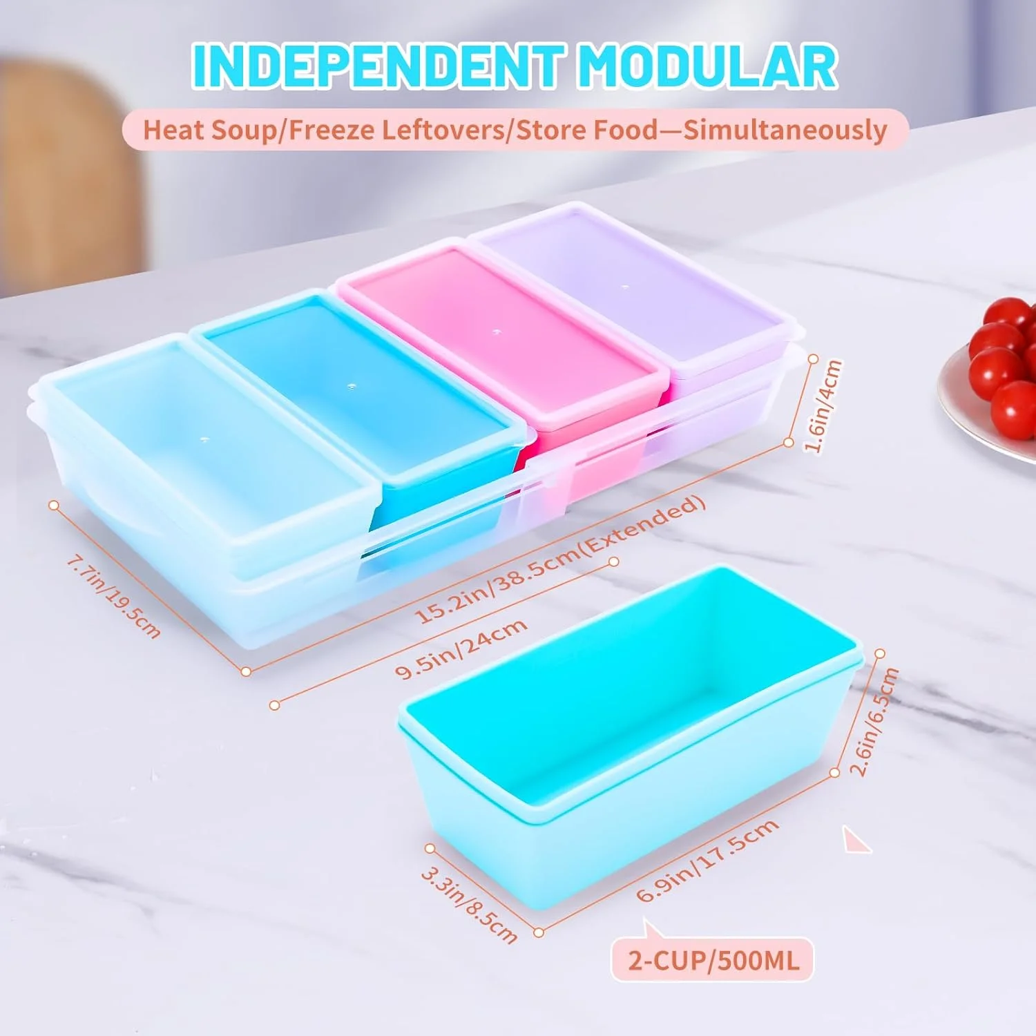 قالب های سیلیکونی فریزر بدون BPA Gemice با پایه، بسته 4 عددی قالب های جداگانه 2 پیمانه سوپ با درب برای نگهداری مواد غذایی، قابل استفاده در فر و ماشین ظرفشویی، ظروف سیلیکونی فریزر برای آماده سازی غذا