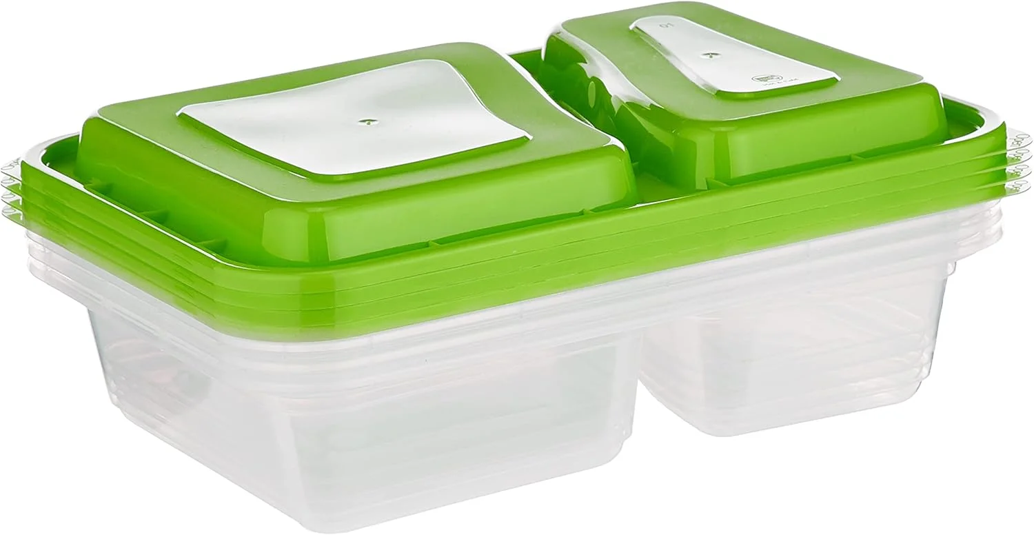 ظرف مستطیلی دو قسمتی شفاف با درب سبز فن بای البیادر 946 میلی لیتر، قابل استفاده در فریزر و فر، بدون BPA، ظروف غذا، جعبه ناهار، قابل استفاده مجدد، یکبار مصرف (بسته 4 عددی)