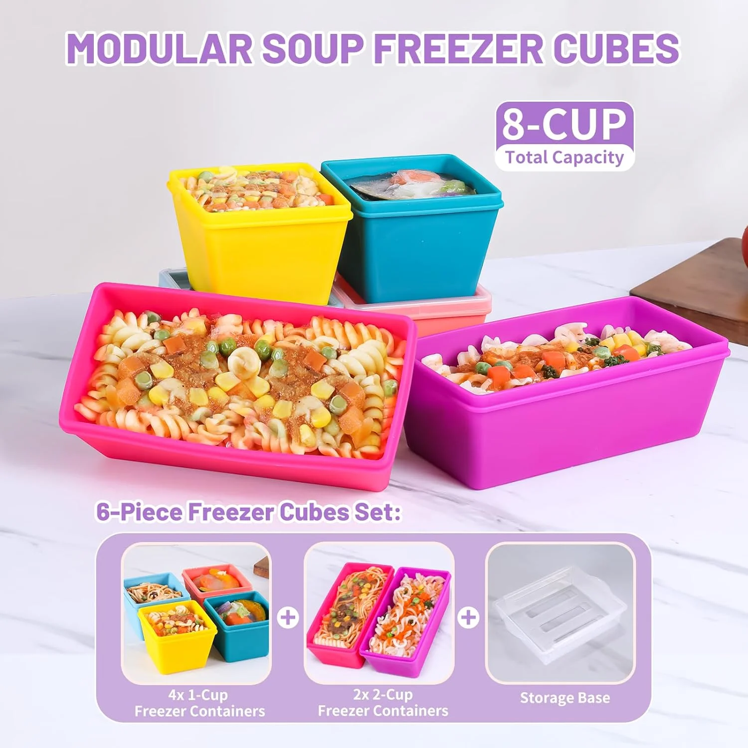 قالب‌های سیلیکونی فریزر بدون BPA Gemice با پایه، بسته‌ 6 عددی تک پیمانه‌ای و دو پیمانه‌ای برای سوپ، سینی فریزر با درب برای نگهداری مواد غذایی، قابل شستشو در ماشین ظرفشویی، ظروف سیلیکونی فریزر برای آماده‌سازی غذا