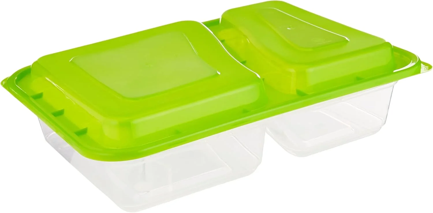 ظرف مستطیلی دو قسمتی شفاف با درب سبز فن بای البیادر 946 میلی لیتر، قابل استفاده در فریزر و فر، بدون BPA، ظروف غذا، جعبه ناهار، قابل استفاده مجدد، یکبار مصرف (بسته 4 عددی)