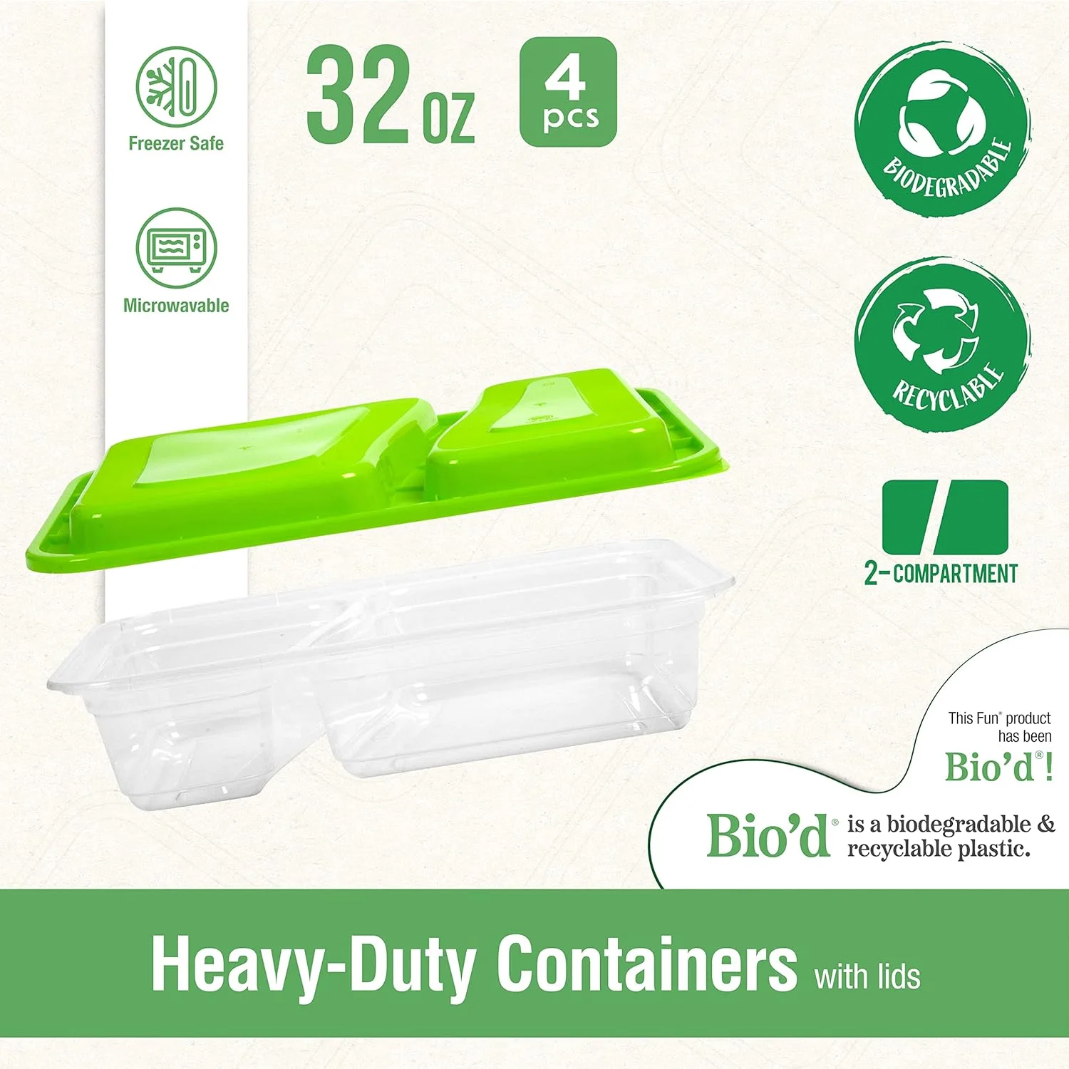 ظرف مستطیلی دو قسمتی شفاف با درب سبز فن بای البیادر 946 میلی لیتر، قابل استفاده در فریزر و فر، بدون BPA، ظروف غذا، جعبه ناهار، قابل استفاده مجدد، یکبار مصرف (بسته 4 عددی)