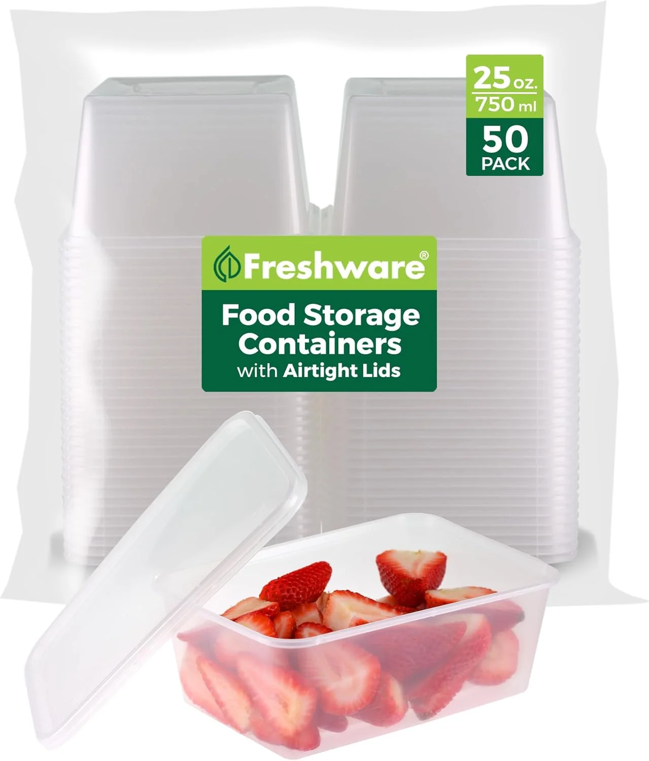 ظروف نگهداری مواد غذایی فرش ور [مجموعه 50 عددی] ظروف پلاستیکی 750 میلی لیتری با درب، مناسب برای اسلایم، سوپ، آماده سازی غذا، بدون BPA، قابل چیدن روی هم، ضد نشت، قابل استفاده در مایکروویو، ماشین ظرفشویی و فریزر