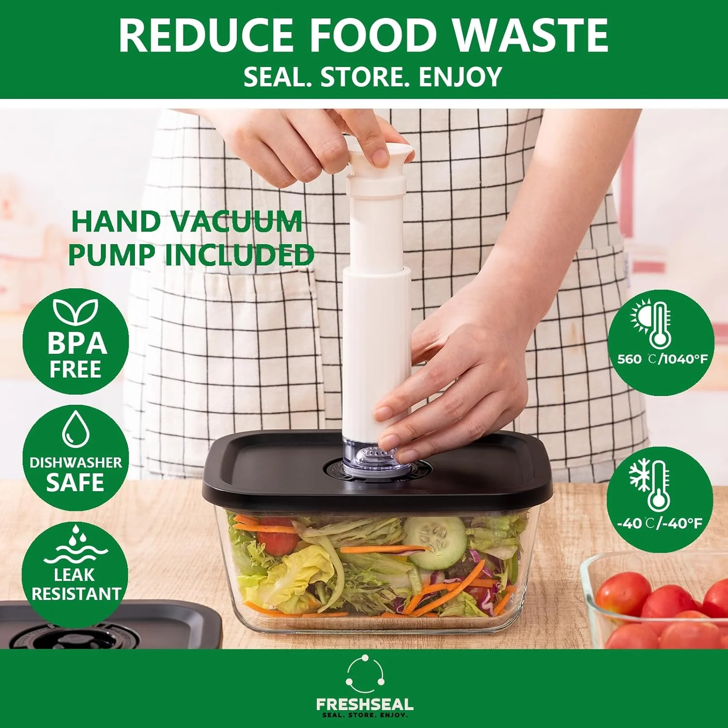 ست ظروف نگهداری غذای شیشه ای بوروسیلیکات وکیوم FreshSeal پریمیوم 3 تکه – 3 سایز (470 میلی لیتر، 800 میلی لیتر، 1400 میلی لیتر) + پمپ وکیوم دستی و 10 کیسه قابل استفاده مجدد – ضد نشت، قابل استفاده در فر/مایکروویو/فریزر، بدون BPA