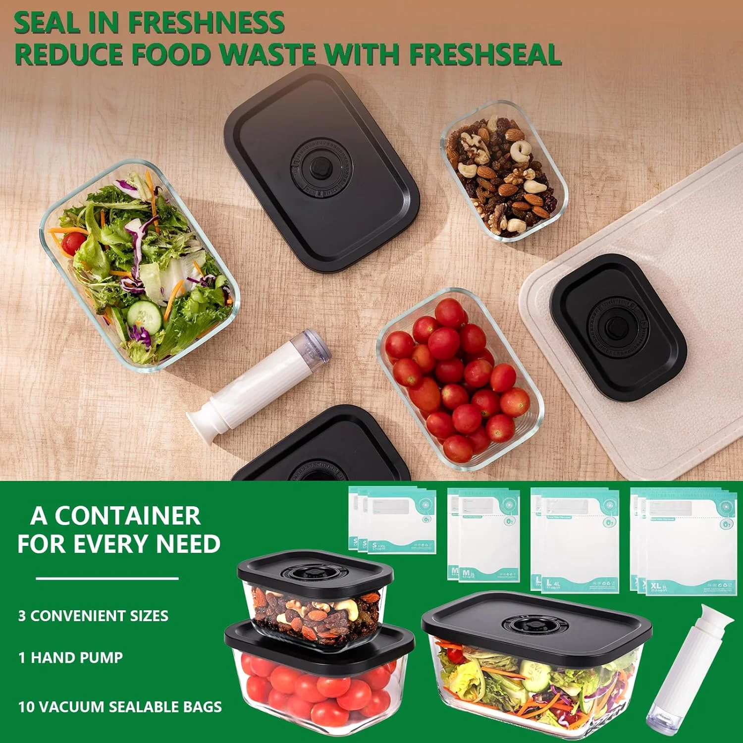 ست ظروف نگهداری غذای شیشه ای بوروسیلیکات وکیوم FreshSeal پریمیوم 3 تکه – 3 سایز (470 میلی لیتر، 800 میلی لیتر، 1400 میلی لیتر) + پمپ وکیوم دستی و 10 کیسه قابل استفاده مجدد – ضد نشت، قابل استفاده در فر/مایکروویو/فریزر، بدون BPA