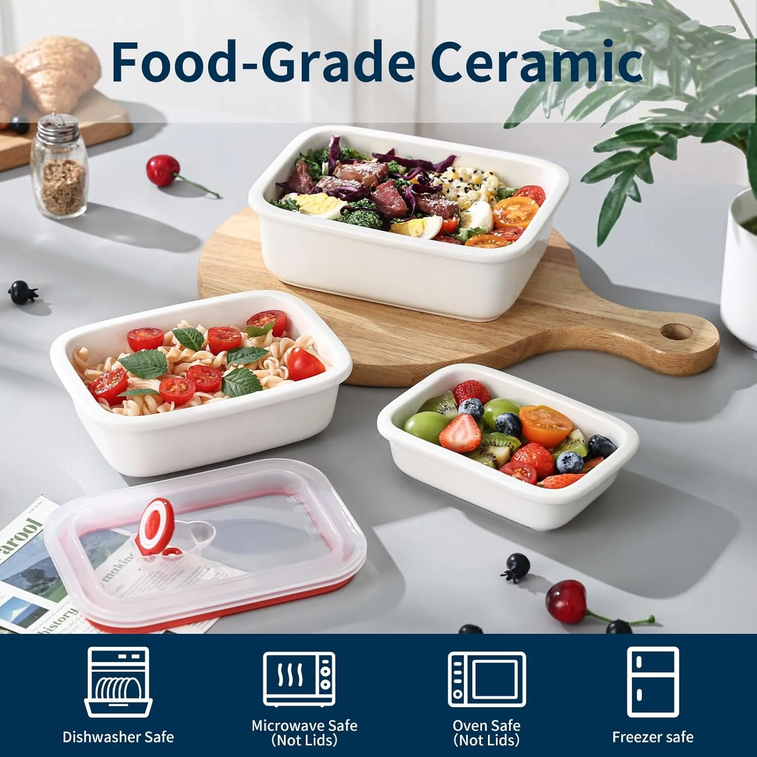 ظروف سرامیکی نگهداری غذا با درب، ظروف آماده سازی غذا چندبار مصرف، ظروف ناهار برای آماده سازی غذا، پیک نیک، کمپینگ، قابل استفاده در مایکروویو، ماشین ظرفشویی و فریزر، ست 3 عددی