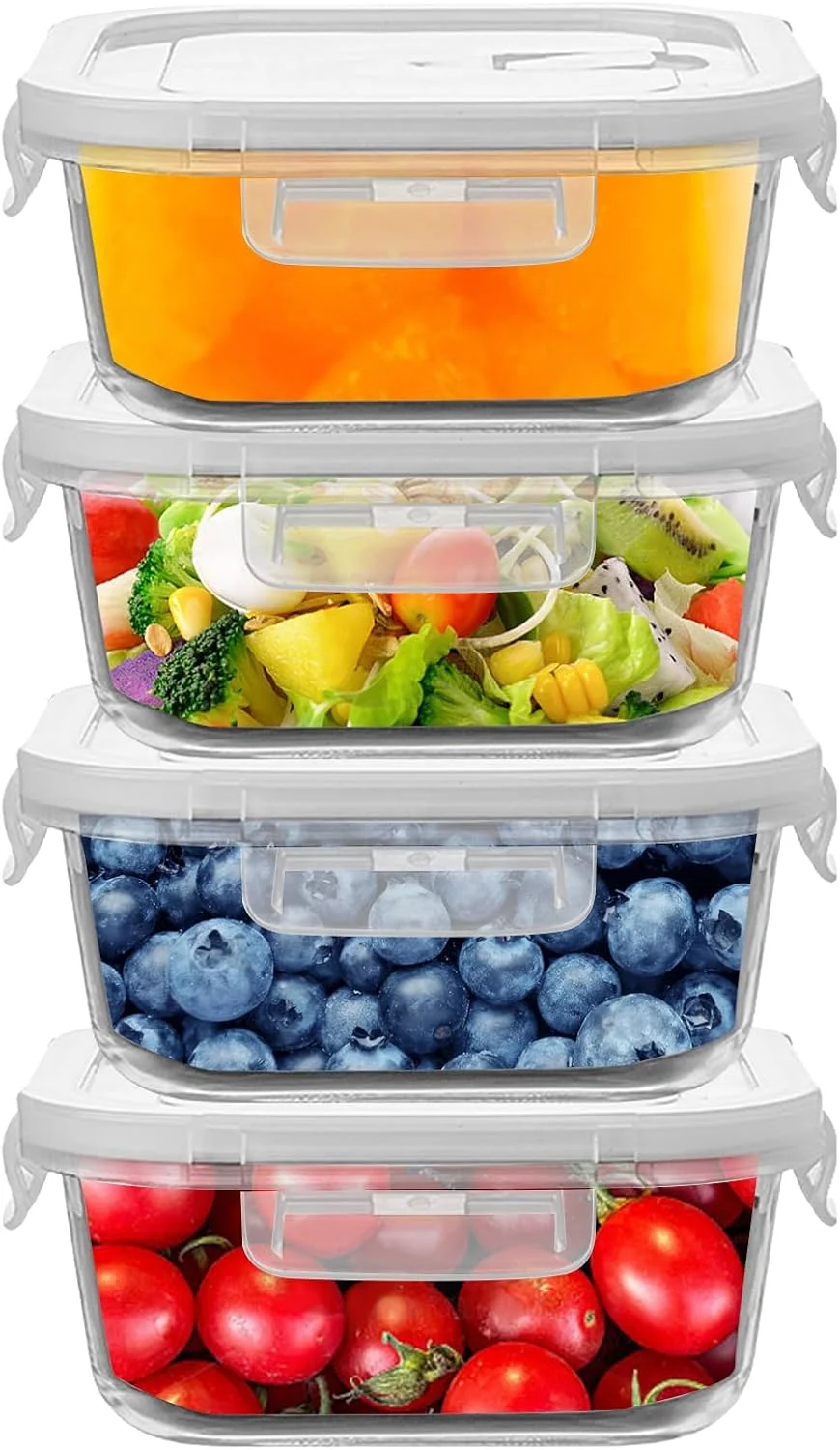 ظروف نگهداری غذا شیشه ای مربع شکل FEOOWV، بسته 4 عددی، ظروف شیشه ای کوچک مربع شکل با درب های محکم، ظروف آماده سازی غذا شیشه ای 515 میلی لیتری، ظروف شیشه ای ضد نشت سوپ، قابل استفاده در مایکروویو و فریزر (سفید)