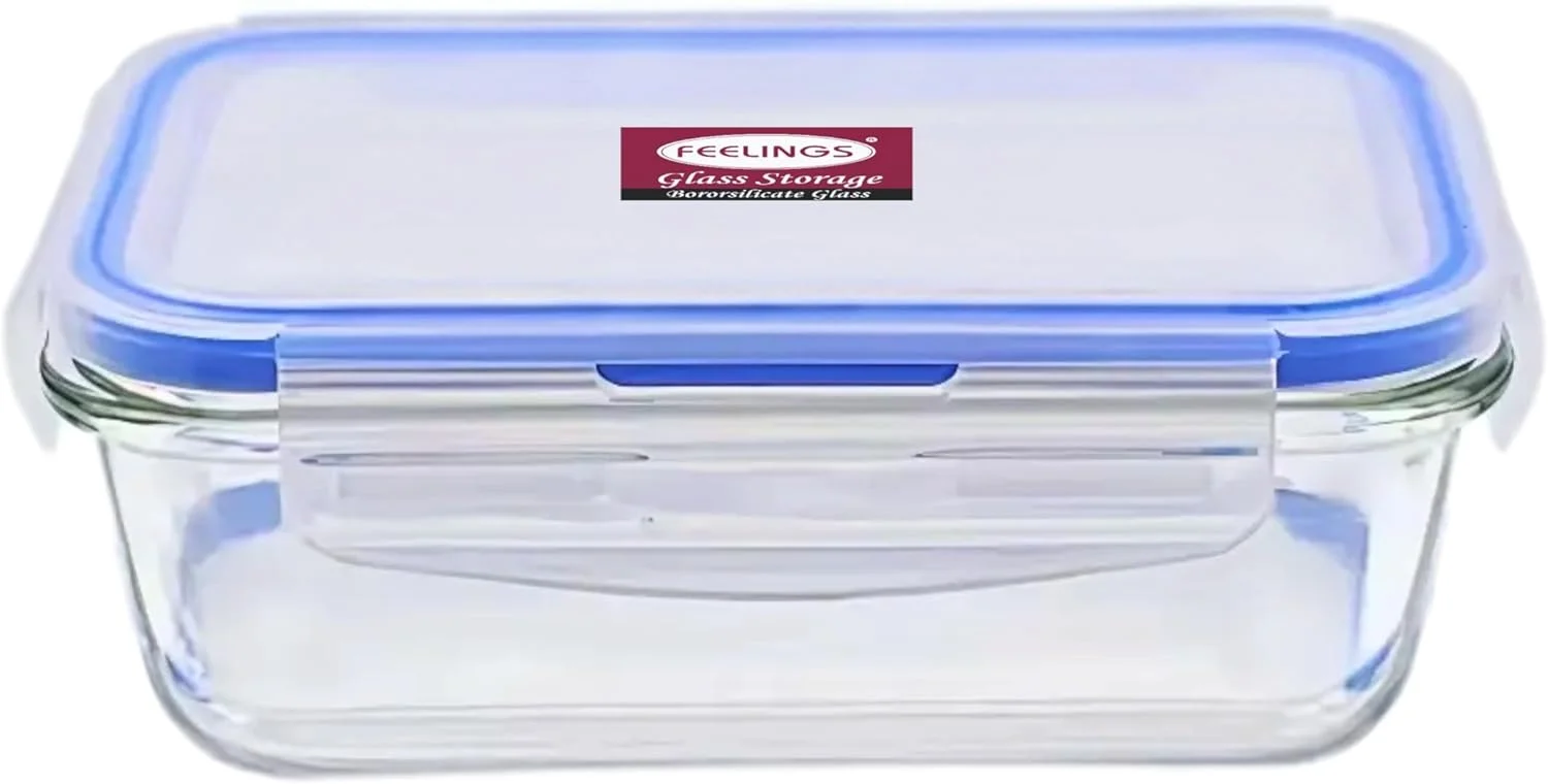ظروف شیشه ای غذا FEELINGS، ظروف آماده سازی غذا با درب های سیلیکونی ضد نشت، 1000 میلی لیتر، بدون هوا و BPA، آبی، قابل استفاده در مایکروویو و فریزر (مستطیل)