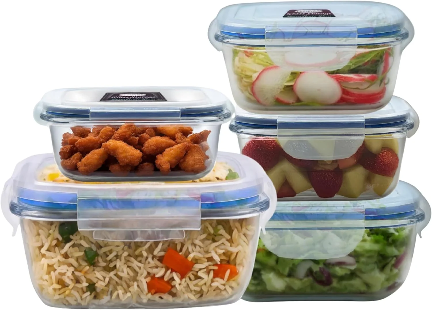 ظروف شیشه ای غذا FEELINGS، ظروف آماده سازی غذا با درب های سیلیکونی ضد نشت، 5 تکه، بدون BPA و هواگیر، صورتی، قابل استفاده در مایکروویو و فریزر