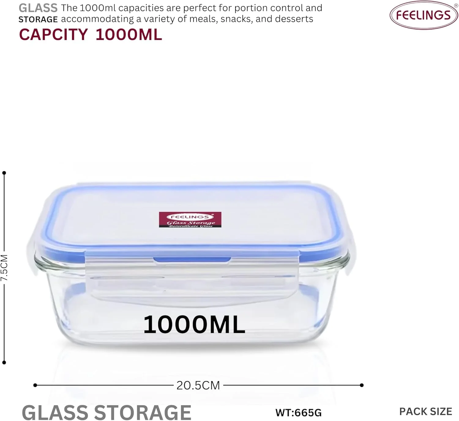 ظروف شیشه ای غذا FEELINGS، ظروف آماده سازی غذا با درب های سیلیکونی ضد نشت، 1000 میلی لیتر، بدون هوا و BPA، آبی، قابل استفاده در مایکروویو و فریزر (مستطیل)