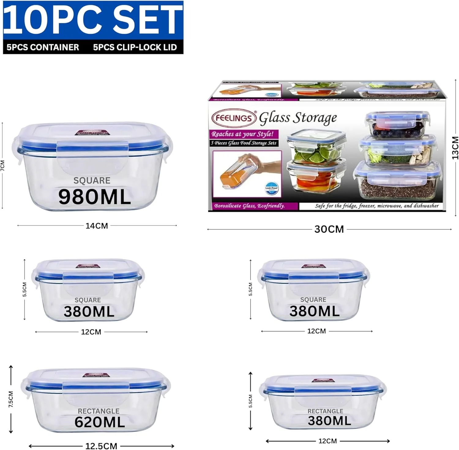 ظروف شیشه ای غذا FEELINGS، ظروف آماده سازی غذا با درب های سیلیکونی ضد نشت، 5 تکه، بدون BPA و هواگیر، صورتی، قابل استفاده در مایکروویو و فریزر