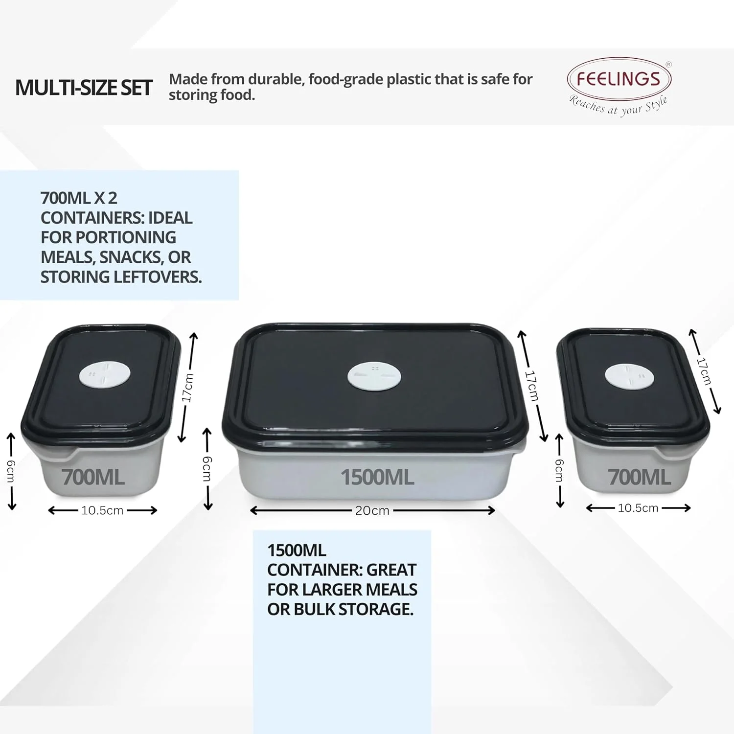 ظروف غذای درب دار مناسب مایکروویو FEELINGS، ست 3 عددی، فاقد BPA، ضد هوا