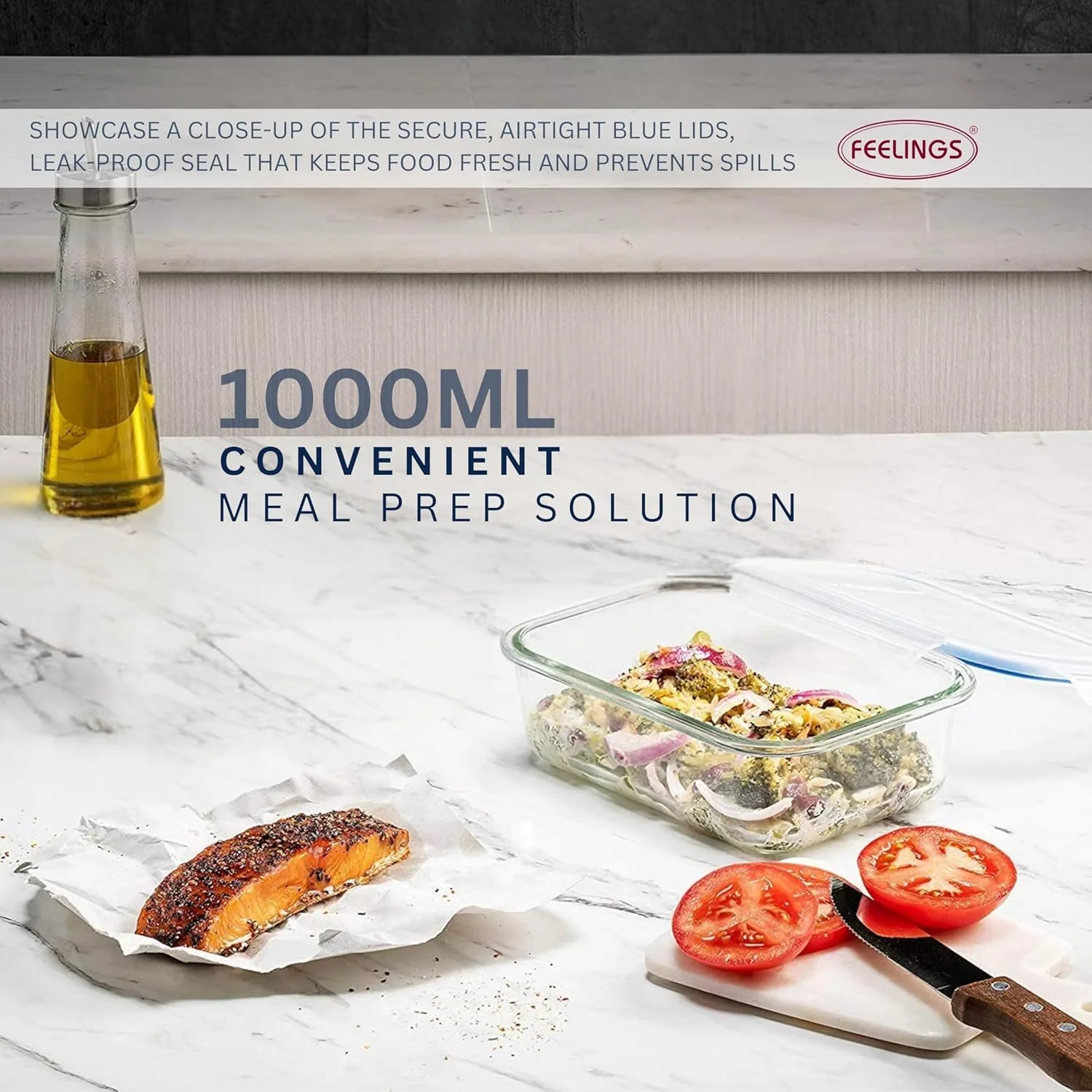ظروف شیشه ای غذا FEELINGS، ظروف آماده سازی غذا با درب های سیلیکونی ضد نشت، 1000 میلی لیتر، بدون هوا و BPA، آبی، قابل استفاده در مایکروویو و فریزر (مستطیل)