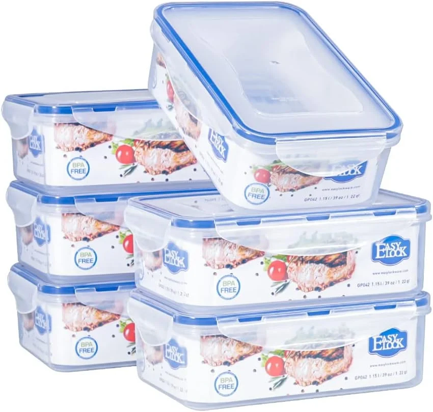 ظرف نگهداری مواد غذایی EASYLOCK بسته 6 عددی با درب های محکم، ظروف پلاستیکی آماده سازی غذا قابل استفاده مجدد، 1.15 لیتر، ضد نشت، قابل استفاده در مایکروویو، فریزر و ماشین ظرفشویی (آبی)