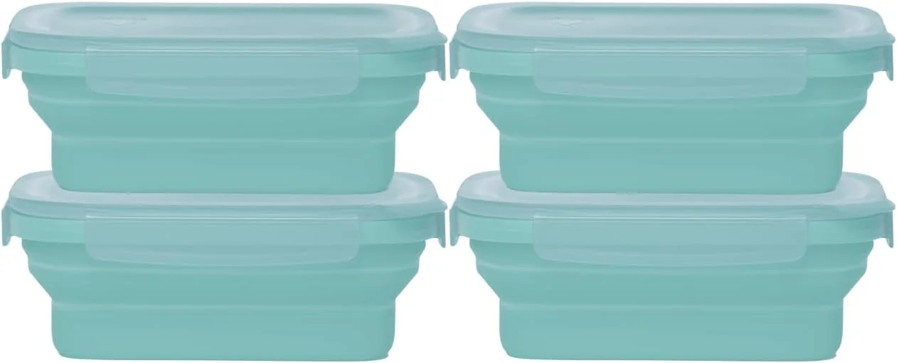 ظروف نگهداری غذای تاشو دریپ ای زی مدل Secondz - ست 4 عددی، ظروف آماده سازی غذا و نگهداری باقیمانده غذا با قابلیت صرفه جویی در فضا - قابل استفاده در مایکروویو، فریزر و ماشین ظرفشویی، فاقد BPA، درب های قفل دار - آبی یخی