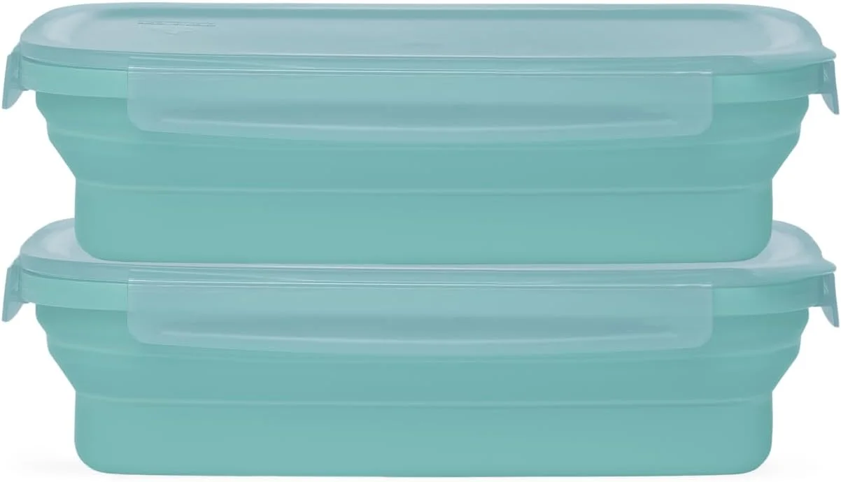 ظروف نگهداری مواد غذایی تاشو دریپ ای زد مدل Secondz - ست 2 عددی، ظروف درب دار و کم جا برای آماده سازی غذا و نگهداری باقیمانده - قابل استفاده در مایکروویو، فریزر و ماشین ظرفشویی، فاقد BPA، درب های قفل دار - آبی یخی
