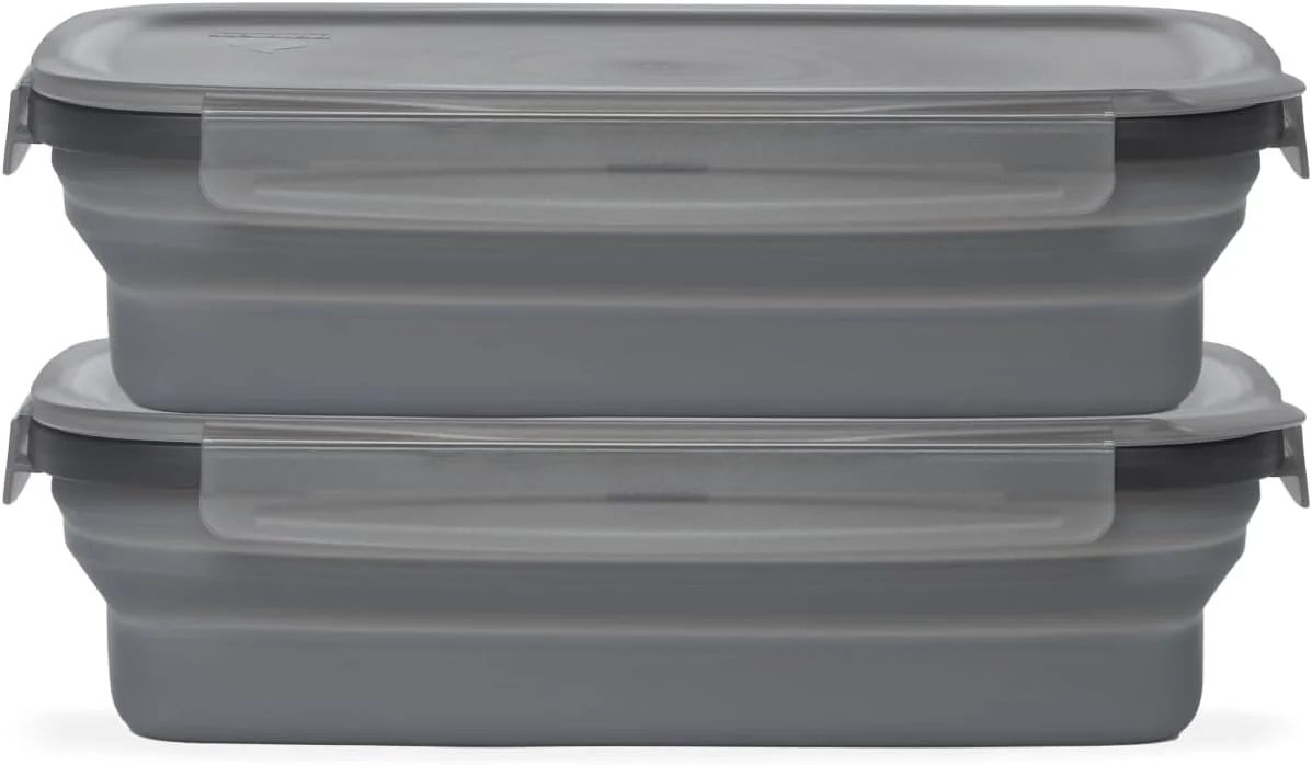 ظروف نگهداری مواد غذایی تاشو دریپ ای زی مدل Secondz - ست 2 عددی، ظروف درب دار و کم حجم برای آماده سازی غذا و نگهداری باقیمانده غذا - قابل استفاده در مایکروویو، فریزر و ماشین ظرفشویی، فاقد BPA، درب های قفل دار - زغالی